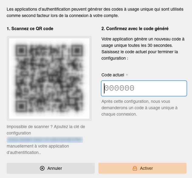 Image de l'interface pour flasher le QR code sur le CMS Kirby