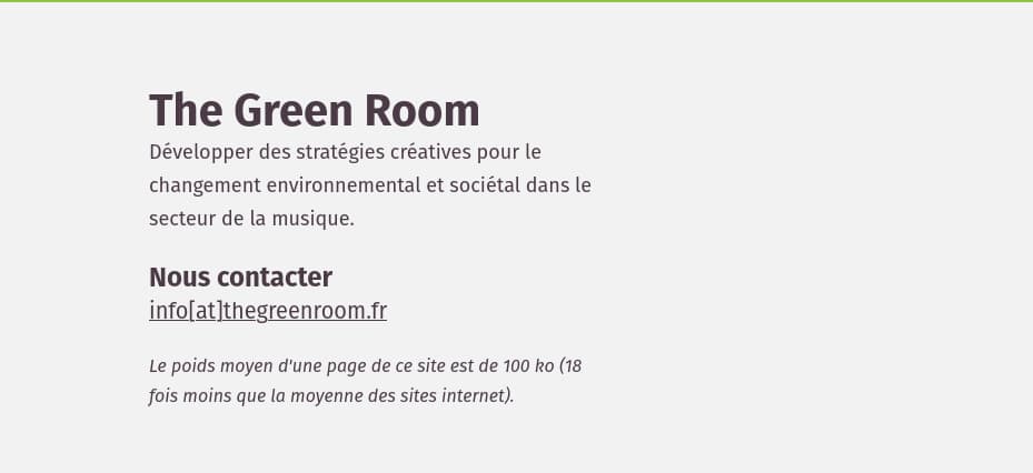 Capture d'écran du site internet thegreenroom.fr avec la mention du poids d'une page. Le poids par page est de 100ko.Capture d'écran du site internet thegreenroom.fr avec la mention du poids d'une page. Le poids par page est de 100ko.