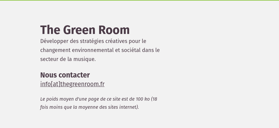 Capture d'écran du site internet thegreenroom.fr avec la mention du poids d'une page. Le poids par page est de 100ko.